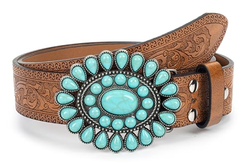 Western-Leather-Belts-Women Vintage Waist-Belts with Hollow Out Flower Buckle