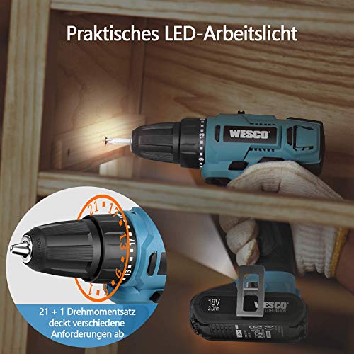 Akku-Bohrschrauber, WESCO 18V 2.0Ah Akkuschrauber mit 13 Stück Zubehör, Drehmomentstufen 21+1, 2-Gang, Bohr max.(Holz… – Bild 4