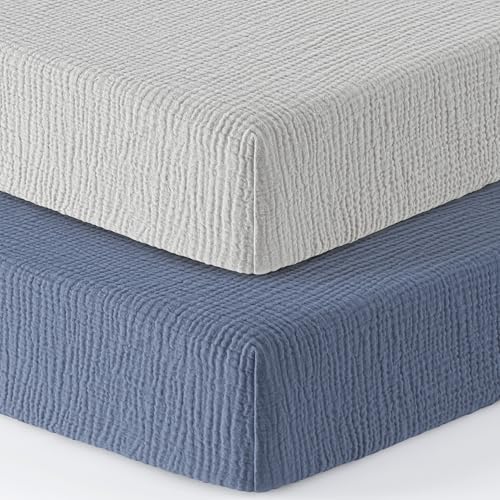 Image of Bearmoss Muslin Mini Crib Sheets for Pack N Play Mattress - 100% Cotton - 38 inchx26 inch Soft Breathable Playard Baby Crib Sheets Neutral for Boys Girls - 2 Pack (Blue Elephant)