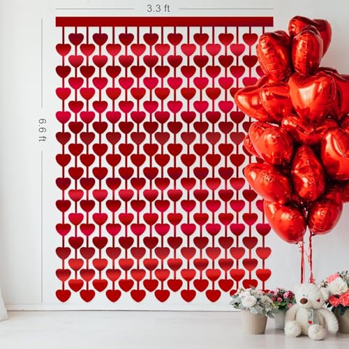 Image of LOLStar 5 Pack Valentines Decorations,Valentines Party Decoration,3.3x6.6ft Red Heart Shape Tinsel Foil Fringe Curtain Valentines Photo Backdrop,Streamer Backdrop for Birthday,Engagement,Wedding