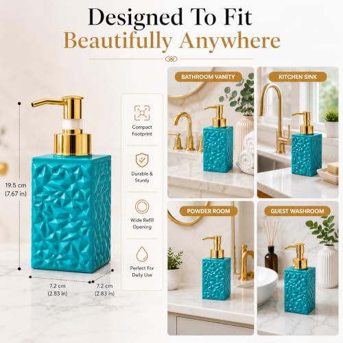 Image of Quace Modern Textured Liquid Soap Dispenser for Bathroom & Kitchen Sink | Refillable Hand Wash & Lotion Pump Bottle for Home Decor (Teal Green)