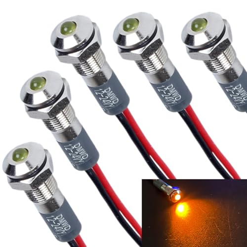 DMWD 12-24V 6mm Raised Head LED Indicator Light 1/4" Waterproof Yellow Signal Lamp with Wires for Car Truck Boat Industrial Electrical DIY 5Pcs