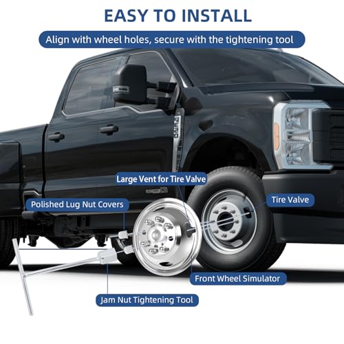 Image of hightall 17 Wheel Simulators, 17 inch 8 Lug 4 Hand Holes Stainless Steel Hubcaps,Polished Surface,2Pcs Front Wheel /2Pcs Rear Wheel,Bolts On Wheel Cover Set Compatible with Ford 2005-2025 F350 Truck