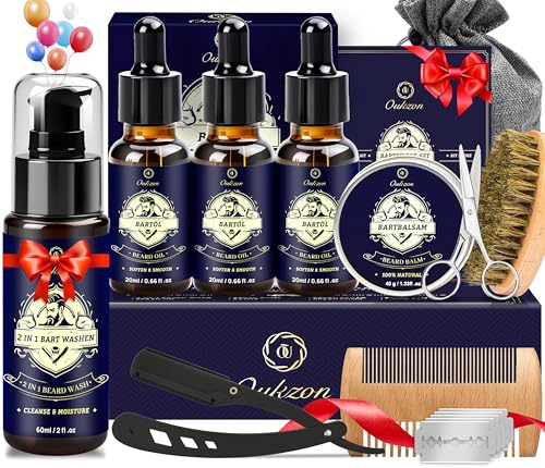 Oukzon Beard Grooming Kit for Men 11 in 1 Beard Care Set w/Beard Wash & Conditioner 60ML 3 Beard Oil Beard Balm Beard Brush Straight Razor Stocking Fillers Christmas Gifts for Men Dad Him