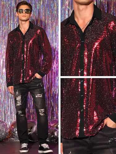 Lars Amadeus Sequin Shirts for Men's Long Sleeves Button Down Disco Party Metallic Shiny Shirts4