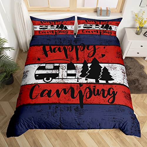 Happy Camping Duvet Cover Double Size 3 Pcs Retro Blue Red White Wooden Stripes Bedding Set for Kids Teens Adults Cartoon RV Trees Rustic Farmhouse Style Comforter Cover with 2 Pillowcases