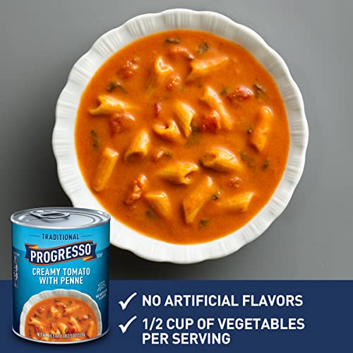 Image of Progresso Traditional Creamy Tomato with Penne Canned Soup, 18.5 oz | 1 /2 cup vegetables per serving, Tender penne pasta, 160 calories per serving, No artificial flavors, No added MSG