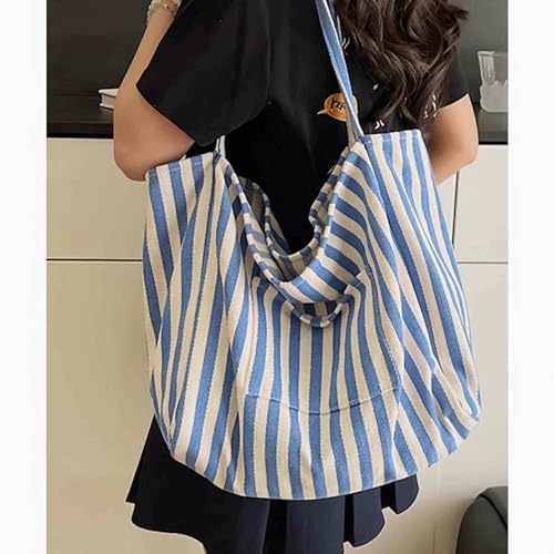 Bolso tote de lona para mujer, tamaño mediano con rayas miniatura 3