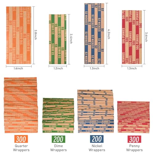 Image of DGBDPACK 1000 Assorted Flat Coin Wrappers, 300 Quarters, 300 Pennies, 200 Dimes, 200 Nickels, Convenient Pack