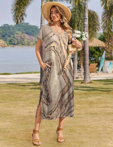 Image of Zeagoo Women Summer Floral Dress Short Sleeve Beach Dress with Pockets Casual V-Neck Split Long T-Shirt Dress Travel Vacation