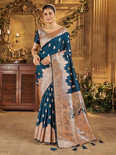 Image of Mehrang Women's Banarasi Silk Kanjivaram Saree For Wedding With Pure Zari Work, Woven Design, With Unstitched Blouse Piece