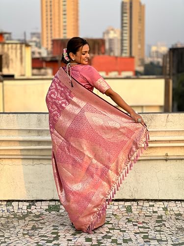 Image of Banarasi Satin Silk Zari Woven Dusty Color Saree with Unstitched Blouse Piece
