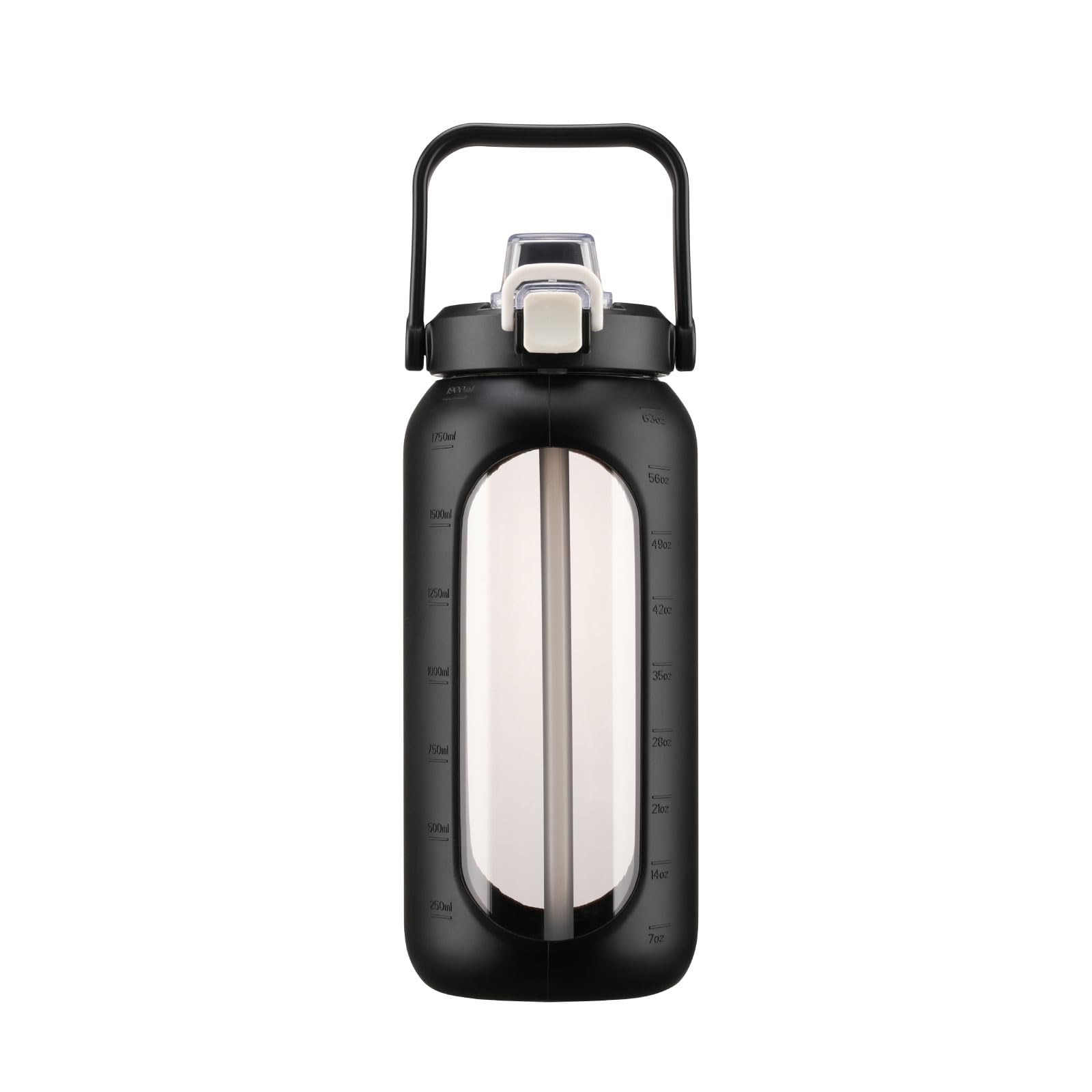BLUEGO 2L Water Bottle with Straw and Handle, Borosilicate Glass Drinking Bottle with Silicone Sleeve for Sports and Travel, Leak Proof, BPA Free, Black