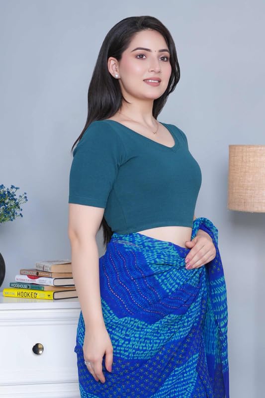 Image of Mlada V-Neck Stretchable Saree Blouse Top for Women | Slim Fit Short Sleeves Solid Cotton Blouses | Readymade Saree Blouses for Women Festive & Ethnic | Blouse Crop Top