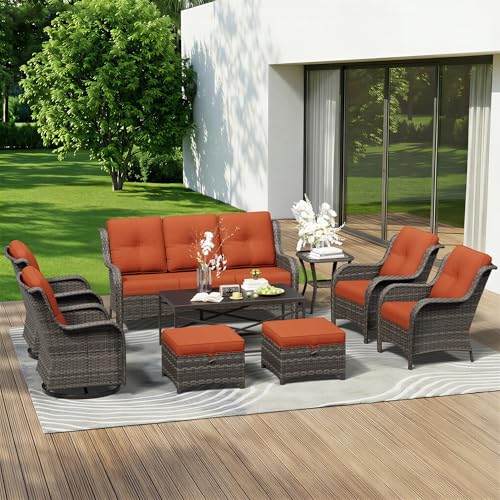Image of 9 Piece Outdoor Wicker Patio Furniture Set, Patio Chairs Set with Thickened Olefin Cushions, High Back and Deep Seating, Hand-Woven PE Rattan, Ottoman for Porch, Deck