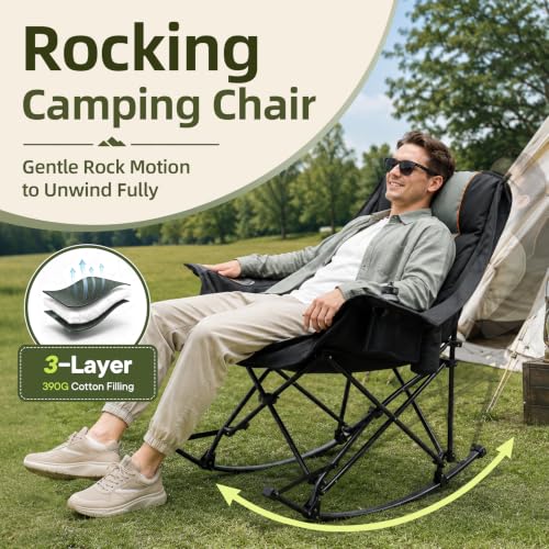 Silla mecedora de camping sobredimensionada, plegable, color negro AZKORION miniatura 3