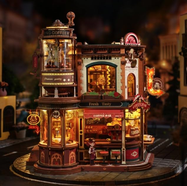 ROBOTIME 3D-Puzzle aus Holz für Erwachsene zum Bauen – Dream Coffe Factory Miniatur Bausatz mit Musik, Lichtern und animierten Szenen, Miniaturhaus/Book Nook Café EAB02