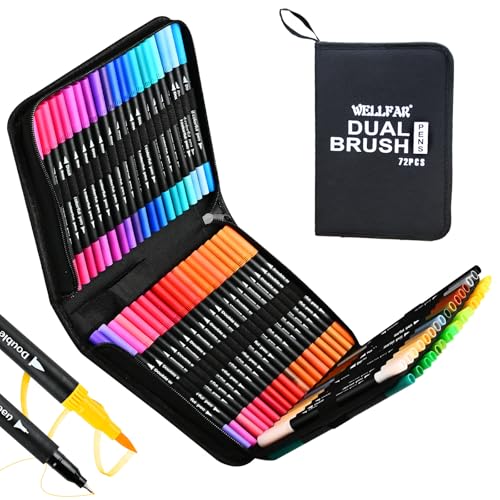 【72 Colors】Adult Coloring Book Markers No Bleed – Dual Felt Tip (Fine & Brush) Art Markers for Teens/Kids – Gel Acrylic Paint Pens Set for Sketching, Drawing, Rock Painting, Journaling, Non Bleeding.
