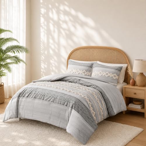 Image of Hyde Lane Boho Queen Comforter Set - 3-Piece Shabby Chic Bedding Sets, Farmhouse Bed Comforter with 2 Pillow Shams, All Season Cotton Top, Gray Tufted Pom Pom