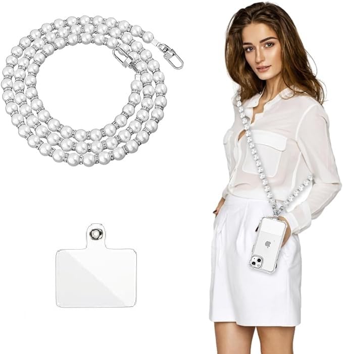 Image of KHOLAD White Bow Phone Chain Crossbody Pearl Strap | 2in1 Wrist & Shouler Crossbody Lanyard | Pearl Beads Charms Chain with Phone Tether Patches | Compatible with Most Phones, Bag, Purse