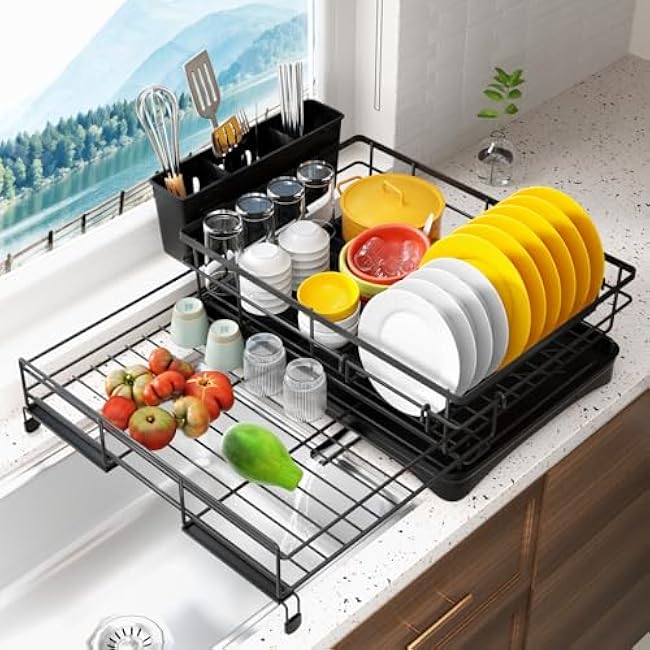 Dish Drying Rack- Space-Saving Dish Rack, Dish Racks for Kitchen Counter, Stainless Steel Kitchen Drying Rack with a Cutlery Holder,21''W x 17''L, Black