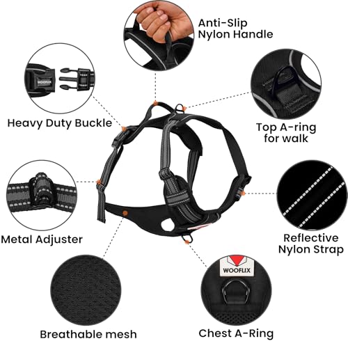Image of Wooflix Heavy Duty Reflective Dog Harness for Medium Sized Breed Dogs - No Pull, No Choke Harness for Dog with Adjustable Chest Belt with Soft Padded Handle | Black - Size: Medium (10kg to 22kg Dog)