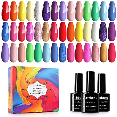 Artdone 24pcs Gel Nail Polish Kit,(8ml each),include Glossy & Matte Top Coat and Base Coat Soak Off Nail Polish Set Pink