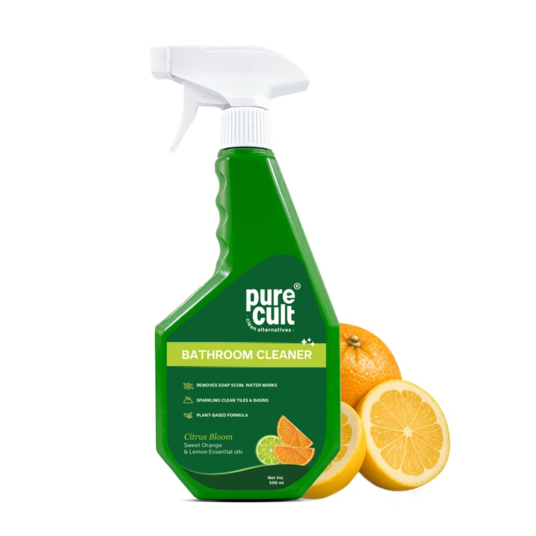 PureCult Bathroom Cleaner | Removes grime, hard water stains & soap scum | Great for sinks, tiles, shower cubicles & faucets | Long-lasting fragrance | Sweet Orange & Lemon Essential Oil | 500ml