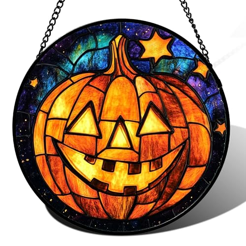 Image of Stained Glass Window Hanging Halloween Horror Golden Pumpkin 6.3 inch - Suncatcher Door Garden Sunroom Gothic Style Sun Catcher Birthday for Friend Mom Men Woman Nana