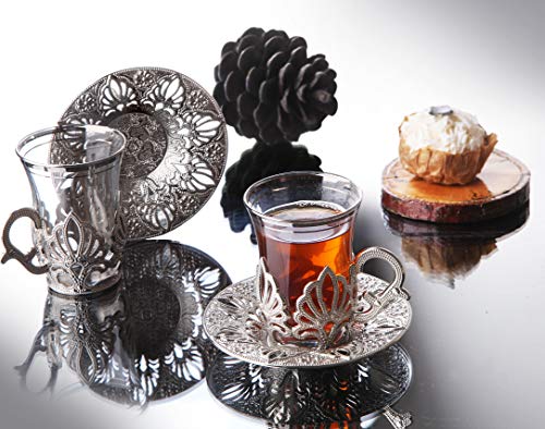 Lamodahome Turkish Tea Set/Turkish Tea Cups Of 6 With Silver Holders And Saucers - Fancy Vintage Handmade Glass Tea Set, Glass Tea Cup, Gift, Teatime/Gift Set #TOP1