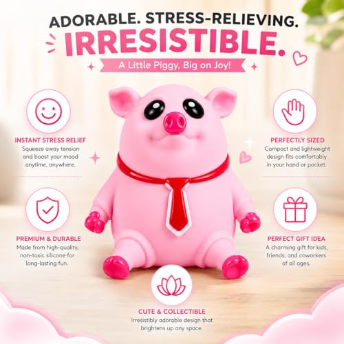 Image of Cute Pink Pig Squishy Toy with Stretchable Soft Body and Tie Design, Squeezable Fidget Toy for Kids and Adults, Desk Play, Travel Fun, Party Favors, Birthday Return Gifts