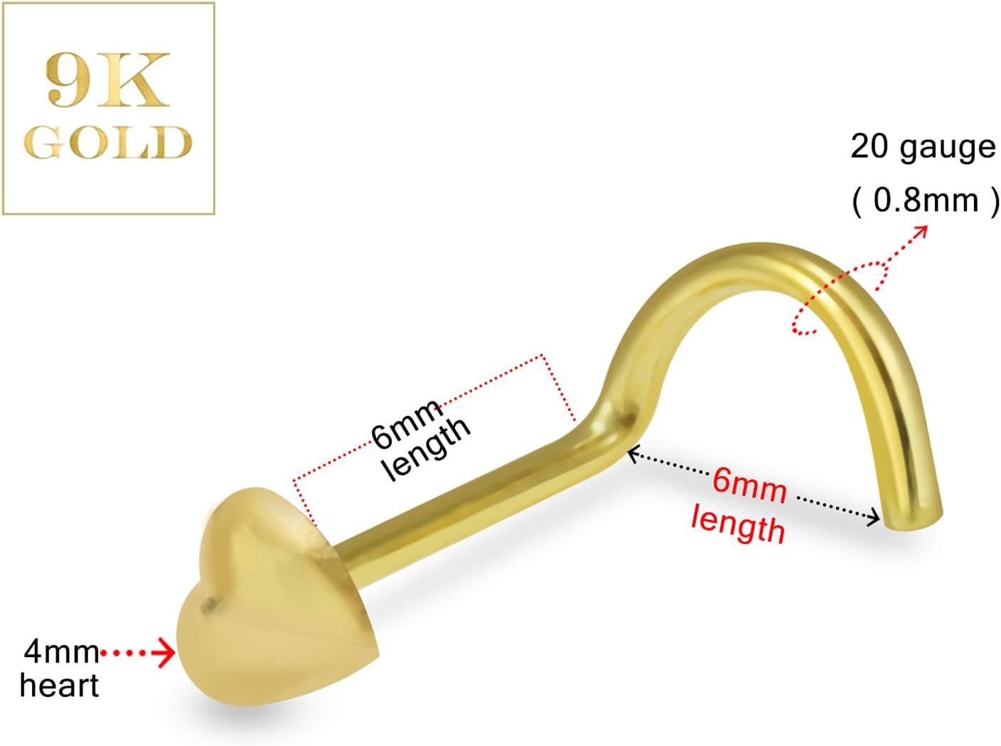 9K Solid Yellow Gold Plain Embossed Heart Top 20 Gauge Corkscrew Twist Nose Screw - Tiny Nose Stud - Gold Nose Piercing Body Jewelry