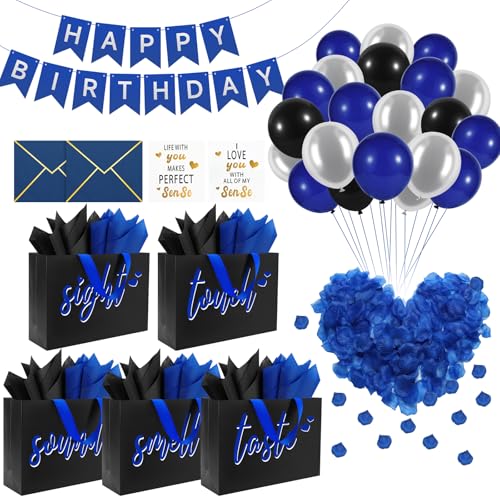 Epoesch 5 Senses Gift Bags for Him with Labels & Tissue Paper | Happy Birthday Decorations Kit with Banner Balloons Rose Petals Envelope Card for Men Boyfriend Husband(Black - Blue lettering)