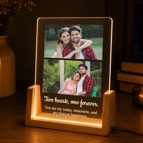 Image of Giftplease Personalized LED Acrylic Photo Frame with Custom Photos & Text | Engraved Acrylic Picture Lamp | Wooden LED Base | USB Night Light | Anniversary Wedding Birthday Couple Family Home Decor