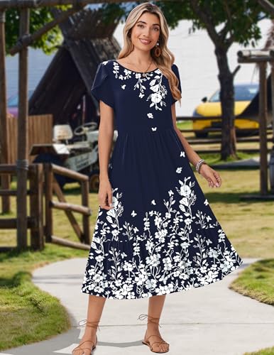 Image of Zeagoo Women Summer Midi A Line Dress Short Sleeve Casual Flowy Tiered Beach Long Sundress with Pockets 2026 Vacation Travel