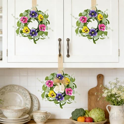 Image of 4 PCS Mini Spring Summer Kitchen Cabinet Wreaths Small Pansy Flowers Wreath for Front Door with Fern Branches Ribbon Small Flocked Lamb Ear Leaves Wreath for Indoor Outdoor Farmhouse Porch Wall Decor