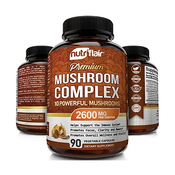 NutriFlair-Mushroom-Supplement-2600mg-90-Capsules-10-Mushrooms-Reishi-Lions-Mane-Cordyceps-Chaga-Turkey-Tail-Maitake-Shiitake-Nootropic-Complex-Brain-Energy-Focus NutriFlair Mushroom Supplement 2600mg, 90 Capsules - 10 Mushrooms Blend - Reishi, Lions Mane, Cordyceps, Chaga, Turkey Tail, Maitake, Shiitake, Oyster Nootropic Complex - Brain, Energy, Focus Pills