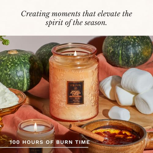 Image of Voluspa Spiced Pumpkin Latte Large Scented Candle Jar 18 Oz, 100 Hr Burn | Coconut Wax Blend in Decorative Glass, Clean Even Burn, USA Handcrafted Gift for Hosts, Fragrance Lovers & Relaxed Rooms