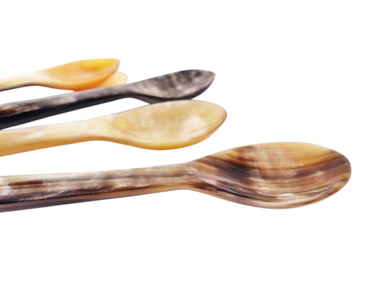4 Stück Horn Eierlöffel gerade lebhaft gemasert 1A Qualität = 12 cm Laffe 25 x 35 mm Naturlöffel Öko Handarbeit Fair Handel