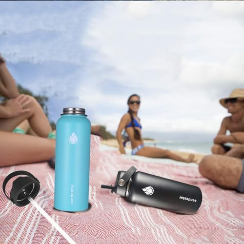 Image of SENDESTAR Stainless Steel Water Bottle, Wide Mouth 32 oz Water Bottle with Straw Lid, Spout Lid, Double Wall Vacuum Insulated Leak Proof, Keeps Liquids Hot or Cold (Black)