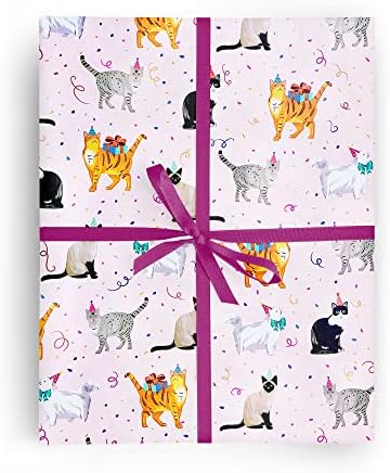 REVEL & Co Party Cats on Pink Premium Folded Wrapping Paper, 2 feet x 10 feet folded birthday feline gift wrap
