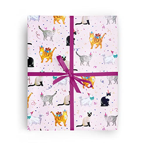 Revel & Co Party Cats On Pink Premium Folded Wrapping Paper, 2 Feet X 10 Feet Folded Birthday Feline Gift Wrap #TOP29