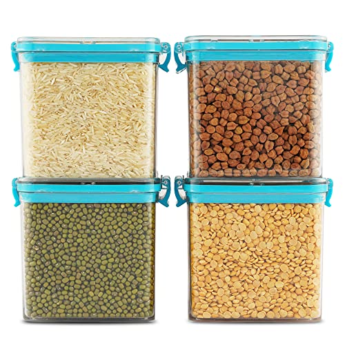 Image of PEARLPET Clik n Seal Kitchen Storage Container 4 Pcs (700 ml Each, Plastic, Square Shape, Blue)