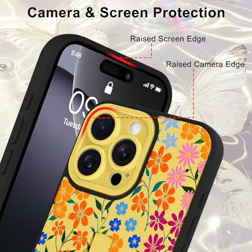 Image of for iPhone 16 Pro Max Case with Finger Strap Holder, Cute Colorful Floral Flower Print Pattern Design for Women Girls, Shockproof Anti Scratch Hand Kickstand Protective Cover, Yellow