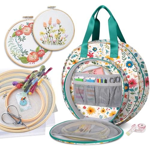 Image of FINPAC Embroidery Project Bag, Embroidery Supplies Storage Carrying Tote Case with Multiple Pockets for Floss, Hoops, Thread, Stitch Tools Kit [Bag Only], Apricot Bloom