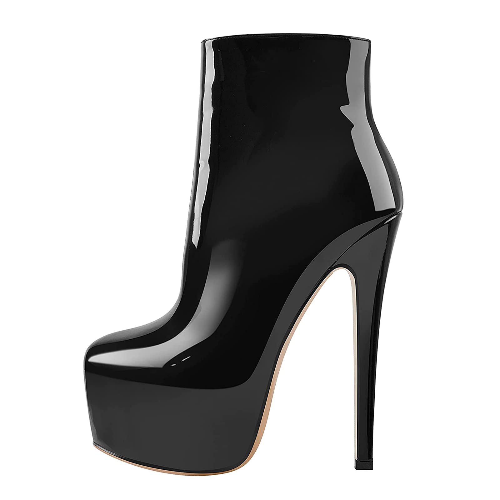 JOY IN LOVE Women's Platform Ankle Boots Zipper High Heels Shoes Short Booties, Black Shiny Pu, 8.5