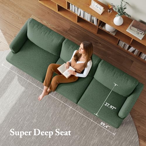 Image of Busaurus 3 Seater Sofa Couch with Deep Seats, 89 inch Mid Century Modern Upholstered Sofa with Armrests, Comfy Couches for Living Room, Bedroom, Apartment and Office (Green)