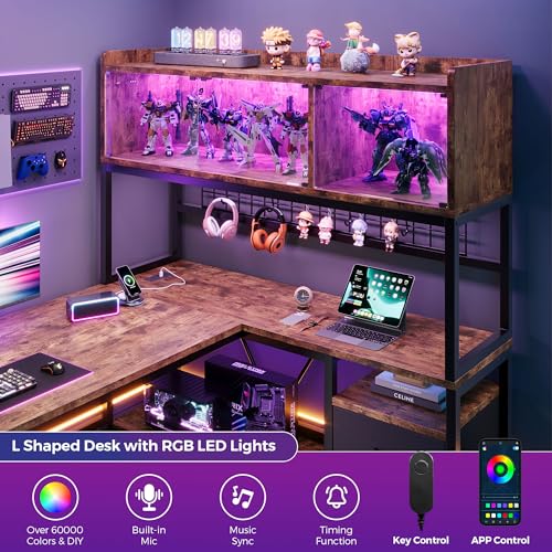 Image of L Shaped Gaming Desk with Drawers, Corner Computer Desk with LED Tempered Glass Display Cabinet, Shaped L Office Desk with Charging Station and Fabric Drawer, PC Desk for Gaming and Office, Brown