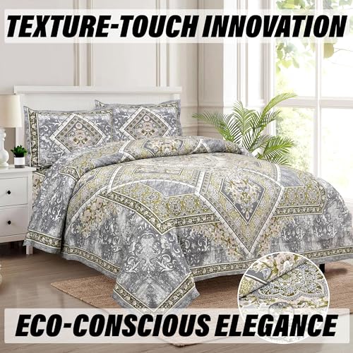 Image of Kuber Industries Double Bedsheet with 2 Pillow Covers | 186 TC Premium Cotton Bedsheet for Double Bed | Bedsheet for Living Room-Home & Hotels | Arabic Beauty Flower Square | 100x108 Inch | Gray