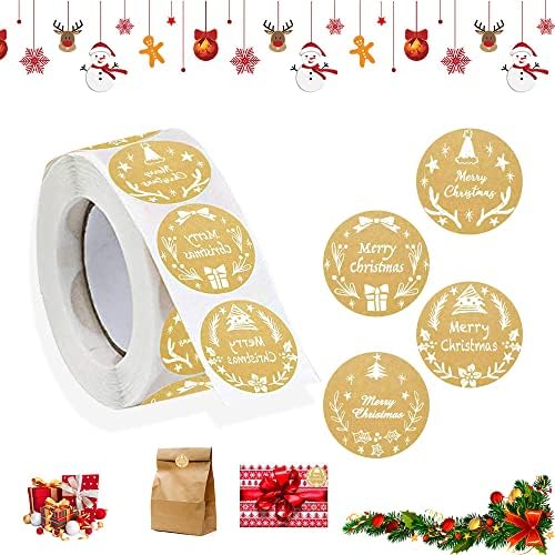 Favengo 500 Pcs Round Merry Christmas Stickers Self Adhesive Tag Stickers Kraft Paper Label Stickers Decorative Sealing Sticker for DIY Handmade Greeting Cards, Parcels, Candy Bags, Gift Wraps Package